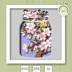 3d blossom tree in jar shadow box svg, 3d spring svg, 3d cherry blossom svg, sakura tree flowers 3d svg, floral svg, cri