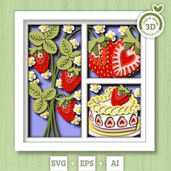 3d svg strawberry shadow box svg, spring shadow box, leaves 3d svg, flowers 3d svg, summer cake layered papercut svg, cr