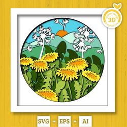 3d layered dandelions svg eps, floral shadow box, spring time 3d svg layered papercut svg, 3d flowers, layered flower, c