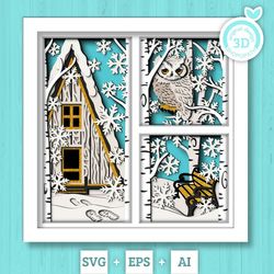 3d svg winter shadow box, layered owl shadow box svg, snowflakes 3d svg birch forest 3d svg christmas cabin shadow box s