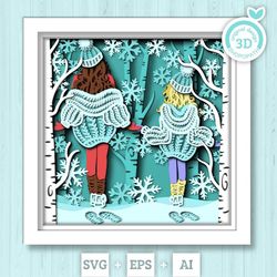 3d svg winter shadow box, layered family shadow box svg, snowflakes 3d svg, birch forest 3d svg, christmas shadow box