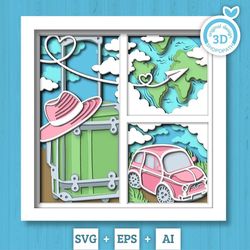 3d layered travelling svg eps, airplane shadow box, clouds 3d svg layered papercut svg, 3d world map, layered car svg, c