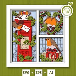 3d svg robin bird shadow box christmas shadow box, layered winter svg, santa claus shadow box, winter 3d svg, cricut sil