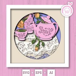 3d tea party svg eps, shadow box, layered cardstock tea pot with roses floral shadow box, rose 3d svg, lace 3d svg cricu