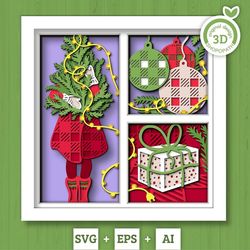 3d svg christmas shadow box, layered winter shadow box svg, christmas tree 3d svg, santa claus 3d svg, ornaments svg cri