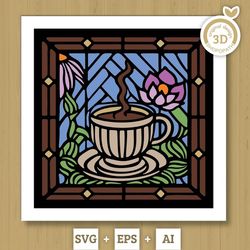 3d svg stained glass coffee shadow box, coffee latte 3d svg, stained glass papercut 3d svg, shadow box flowers layered s