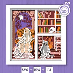 3d svg halloween ghost shadow box, layered cat halloween, library books 3d svg layered papercut svg, 3d halloween, cricu