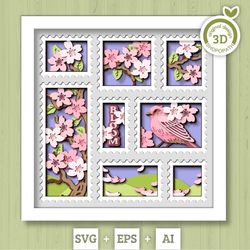 3d cherry blossom tree stamps shadow box svg, 3d purple finch svg 3d spring svg, 3d sakura tree svg flowers svg floral s