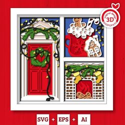 3d svg christmas shadow box, layered winter svg, winter shadow box, christmas socks 3d svg, christmas door 3d svg, cricu