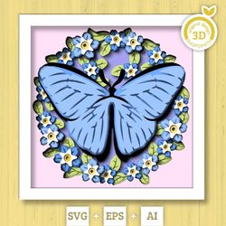 3d butterfly shadow box svg, blue morpho 3d svg, layered wild flowers svg, spring shadow box, 3d svg flowers papercut, c