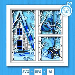 3d svg winter shadow box, layered bluejay shadow box svg, snowflakes 3d svg, birch forest 3d svg christmas shadow box sv