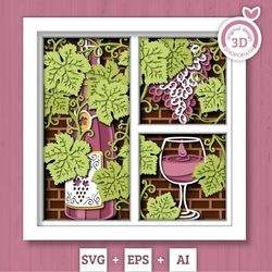 3d svg wine shadow box layered grape vines, winery shadow box, wine glass 3d svg, leaves 3d svg, flowers papercut svg, c