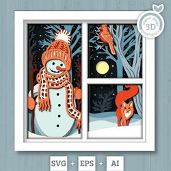 3d svg winter shadow box, layered winter svg, snowman shadow box, fox 3d svg, christmas cardinal snow woods 3d svg, cric