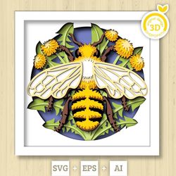 3d honey bee shadow box svg layered dandelions svg, spring shadow box, bee 3d svg, honey comb 3d svg, flowers papercut s