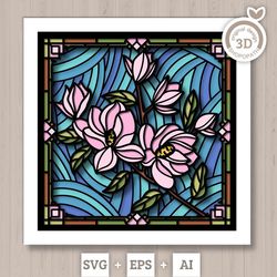 3d svg stained glass magnolia flowers shadow box, 3d flowers svg, 3d floral stained glass papercut, shadow box svg, cric