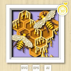 3d honey comb shadow box svg layered dandelions svg, spring shadow box, bee 3d svg, honey bee 3d svg, flowers papercut s