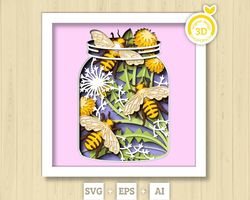3d bees in jar shadow box svg layered dandelions svg, spring shadow box, honey bee 3d svg, honey comb 3d svg, papercut s