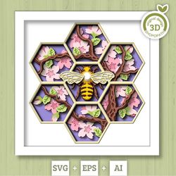 3d blossom tree with bee in honeycomb shadow box svg, 3d spring svg, 3d bee svg, honeycomb, flowers 3d svg sakura tree s