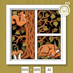 3d svg woodland animals shadow box, layered baby deer svg eps, fall shadow box, autumn 3d svg, leaves svg, squirrel svg,