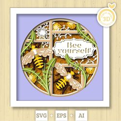 3d bee shadow box svg layered dandelions svg, spring shadow box, honey bee 3d svg, leaves and flowers papercut svg cricu