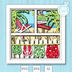 3d svg tropical christmas shadow box, layered beach christmas svg, santa claus shadow box, 3d svg, seaguls 3d svg, cricu