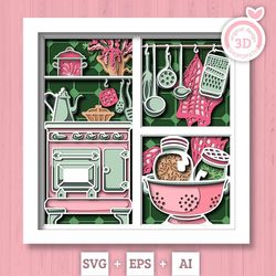 3d kitchen svg eps, cooking shadow box, layered cardstock oven, crafting shadow box, utensils 3d svg, tea 3d svg cricut