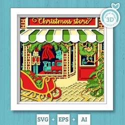 3d svg christmas store shadow box, layered winter svg, winter shadow box, christmas window 3d svg, santa claus 3d svg, c