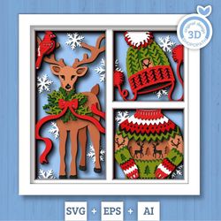 3d svg christmas shadow box, layered winter svg, santa claus shadow box, christmas sweater 3d svg, reindeer 3d svg, cric