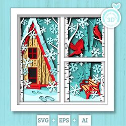 3d svg winter shadow box, layered cardinal shadow box svg, snowflakes 3d svg, birch forest 3d svg christmas shadow box s