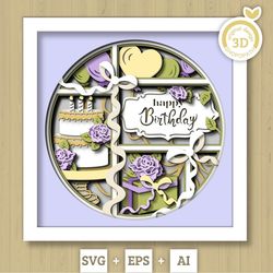 3d svg birthday party shadow box svg, 3d happy birthday svg, party shadow box, 3d birthday cake layered papercut svg, cr