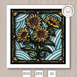 3d svg stained glass sunflowers flowers shadow box, 3d flowers svg, 3d stained glass papercut, sunflowers shadow box svg