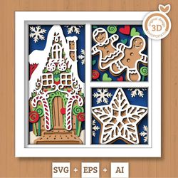 3d svg christmas shadow box, layered ginger bread house shadow box, christmas candy 3d svg, winter 3d svg, snowflakes sv