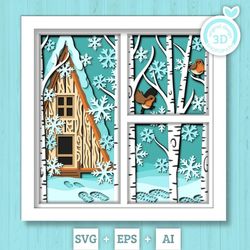 3d svg winter shadow box, layered robin shadow box svg, snowflakes 3d svg, birch forest 3d svg, christmas shadow box svg