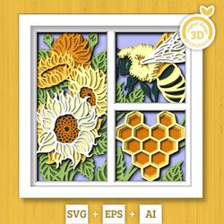 3d layered sunflowers svg eps, fall shadow box, honey bee 3d svg, harvest sunflower 3d svg, hello fall papercut svg, cri