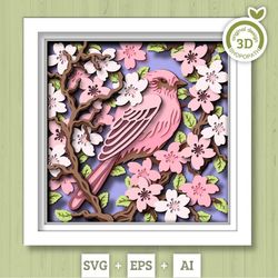 3d purple finch in cherry blossom tree shadow box svg, 3d spring svg, 3d bird svg, 3d sakura tree svg, 3d flowers svg, c