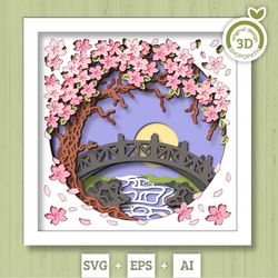 3d blossom tree with a footbridge over a stream shadow box svg, 3d spring svg, 3d blossoms svg, flowers 3d svg, floral s