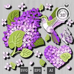 3d layered lilacs blossom svg, 3d layered lilac flower, layered hummingbird papercut svg, 3d flowers svg, spring florals