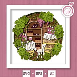 3d svg wine shadow box layered wine cellar grape vines, winery shadow box, wine glass 3d svg, leaves 3d svg, flowers svg