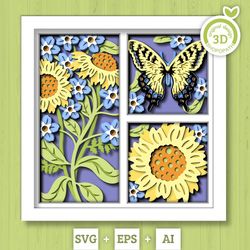 3d butterfly shadow box svg, layered corn marigold svg, spring shadow box, tiger swallowtail 3d svg,3d floral papercut s