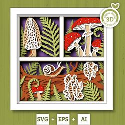 3d svg mushrooms shadow box, layered woods svg eps, fall shadow box, autumn 3d svg, fern leaves svg, mushroom svg, cricu