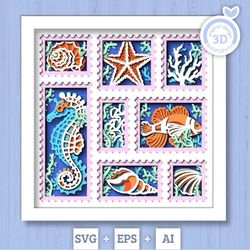 3d sea shadow box svg, stamps shadow box 3d aquarium shadow box, starfish, seahorse, clown fish 3d svg, nautical svg, cr