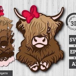 3d layered highland cow bow svg eps, layered cow svg, layered papercut svg, long hair cow svg, laser cut cow, cricut glo