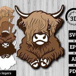 3d layered highland cow svg pdf eps, layered cow svg, layered papercut svg, long hair cow svg, laser cut cow, cricut glo