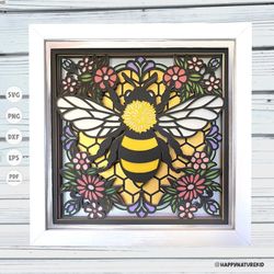 bee stained glass shadow box svg, bee shadow box svg, flower shadow box svg, 3d layered svg, cricut projects, spring sha