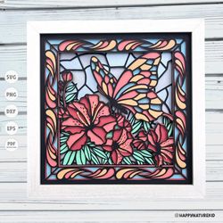 butterfly stained glass shadow box svg, butterfly on azalea flowers shadow box svg, cricut projects, svg files for cricu