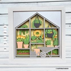 greenhouse shadow box svg, garden shadow box svg, spring shadow box svg, 3d layered svg, cricut projects, shadow box tem