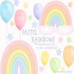 pastel rainbow clipart, pastel rainbow png, watercolor rainbow clipart, rainbow wall decal, digital download