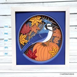 3d fall blue jay shadow box svg, 3d fall svg, fall leaves svg, 3d layered svg, svg files for cricut, 3d bird shadow box