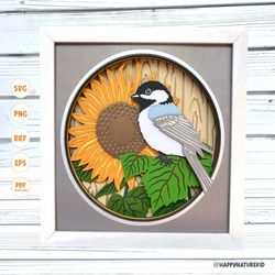 3d chickadee on a sunflower shadow box svg, 3d sunflower svg, chickadee svg, 3d svg, 3d layered svg, svg files for cricu