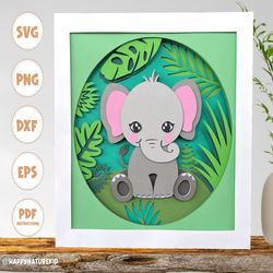 elephant shadow box svg, shadow box svg, 3d svg, layered svg, elephant svg